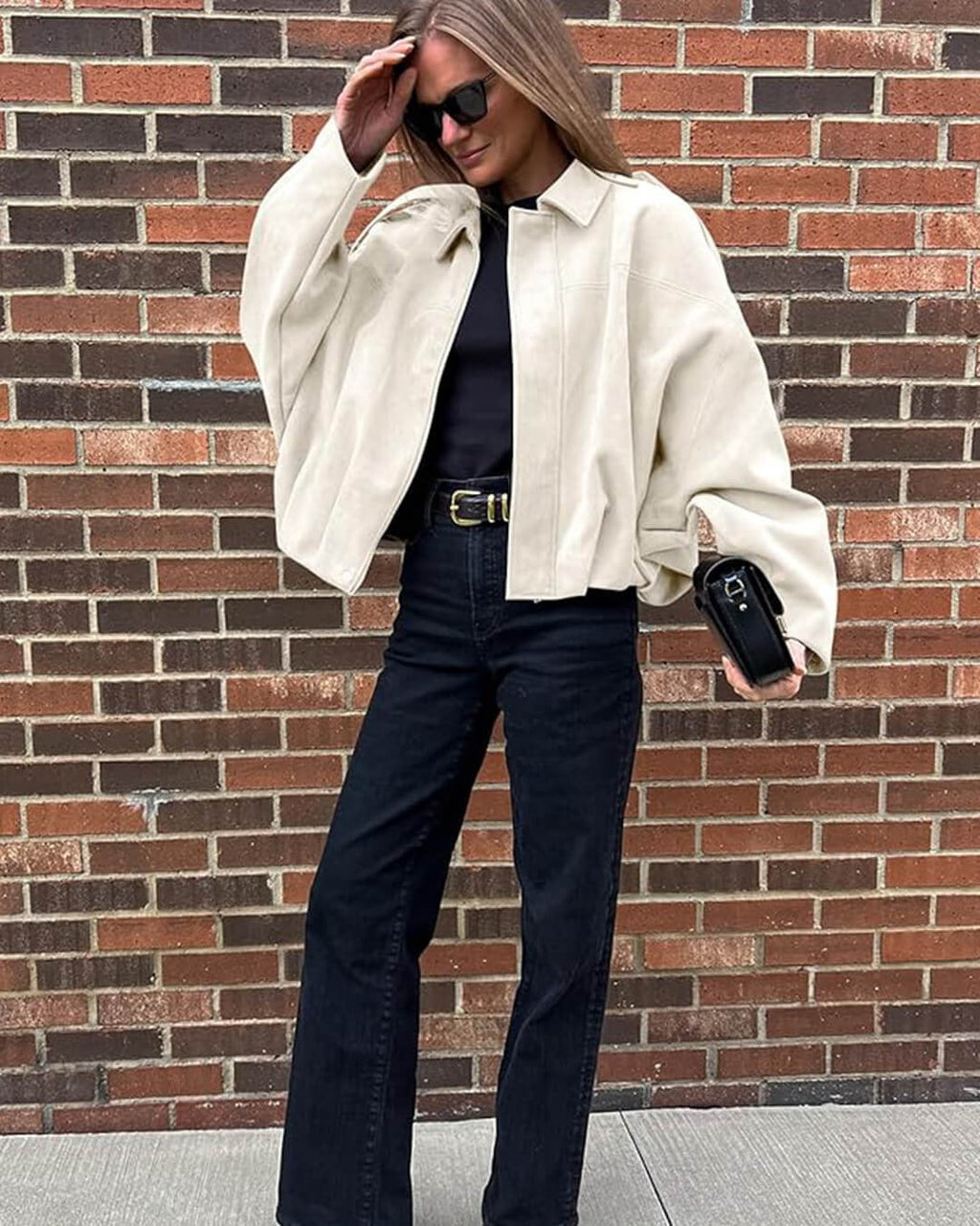 Faux Suede Bomber Jacket with Structured Collar