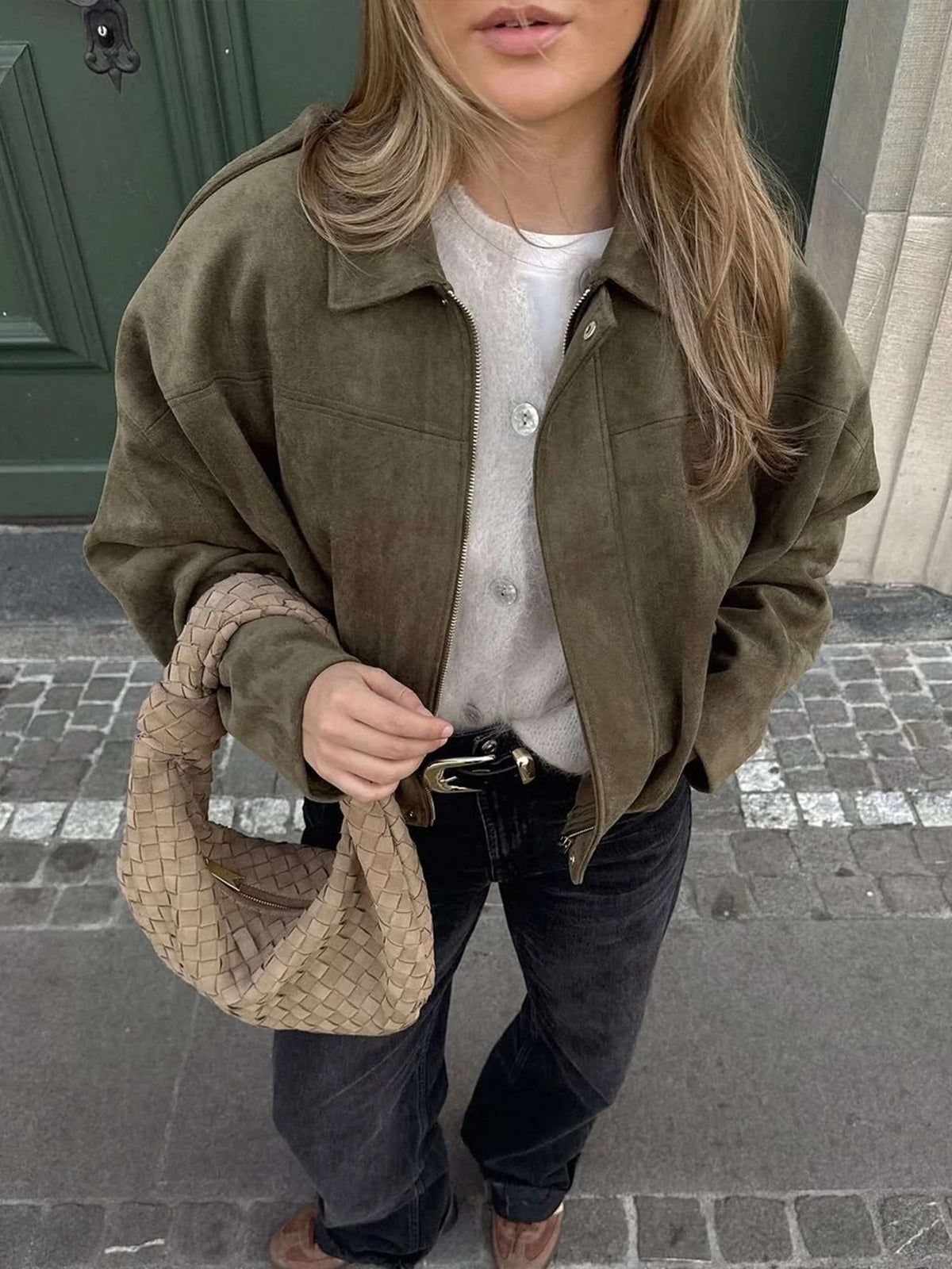 Faux Suede Bomber Jacket with Structured Collar