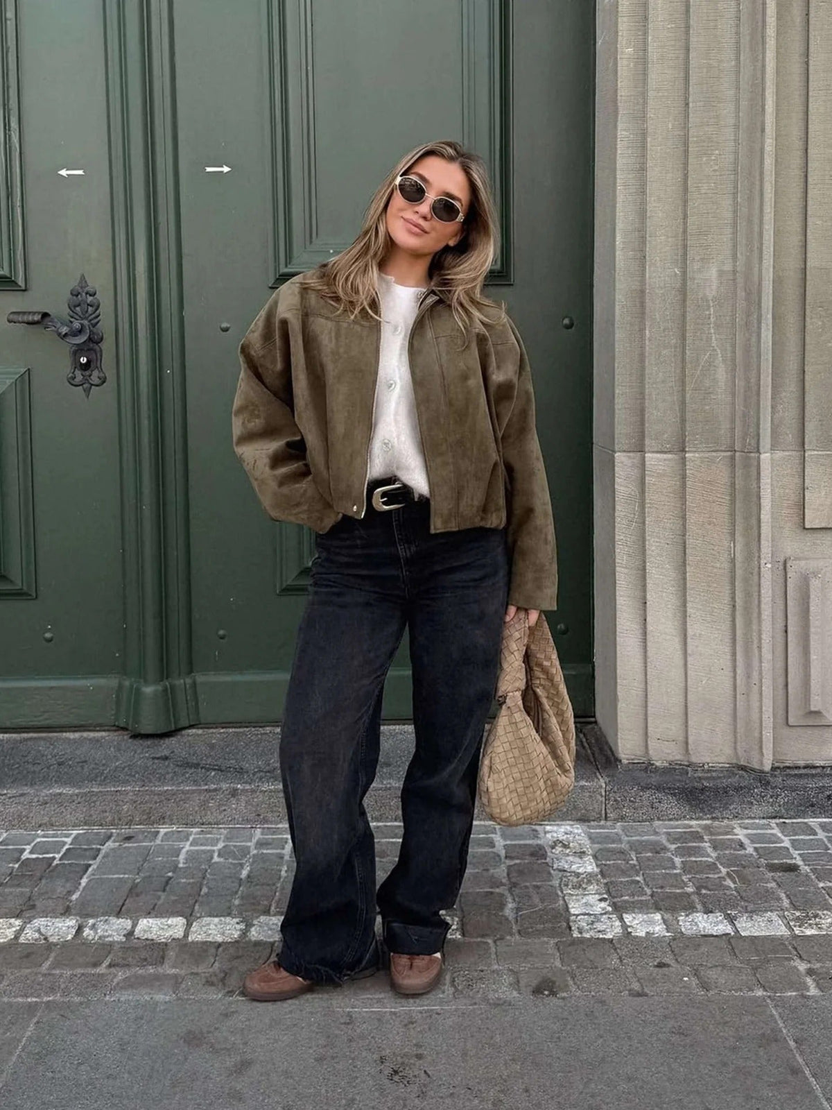 Faux Suede Bomber Jacket with Structured Collar