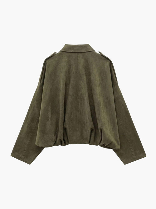 Faux Suede Bomber Jacket with Structured Collar