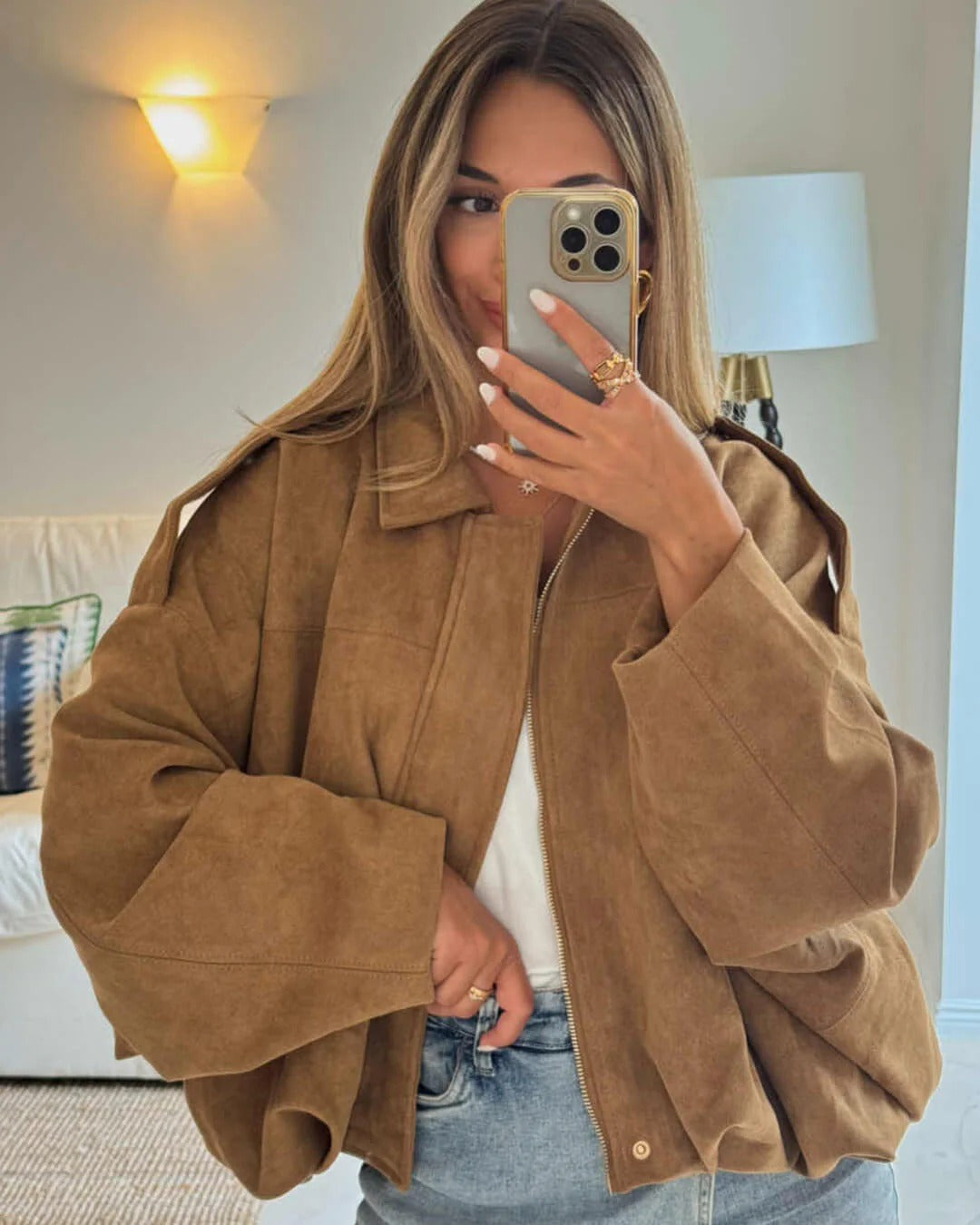 Faux Suede Bomber Jacket with Structured Collar