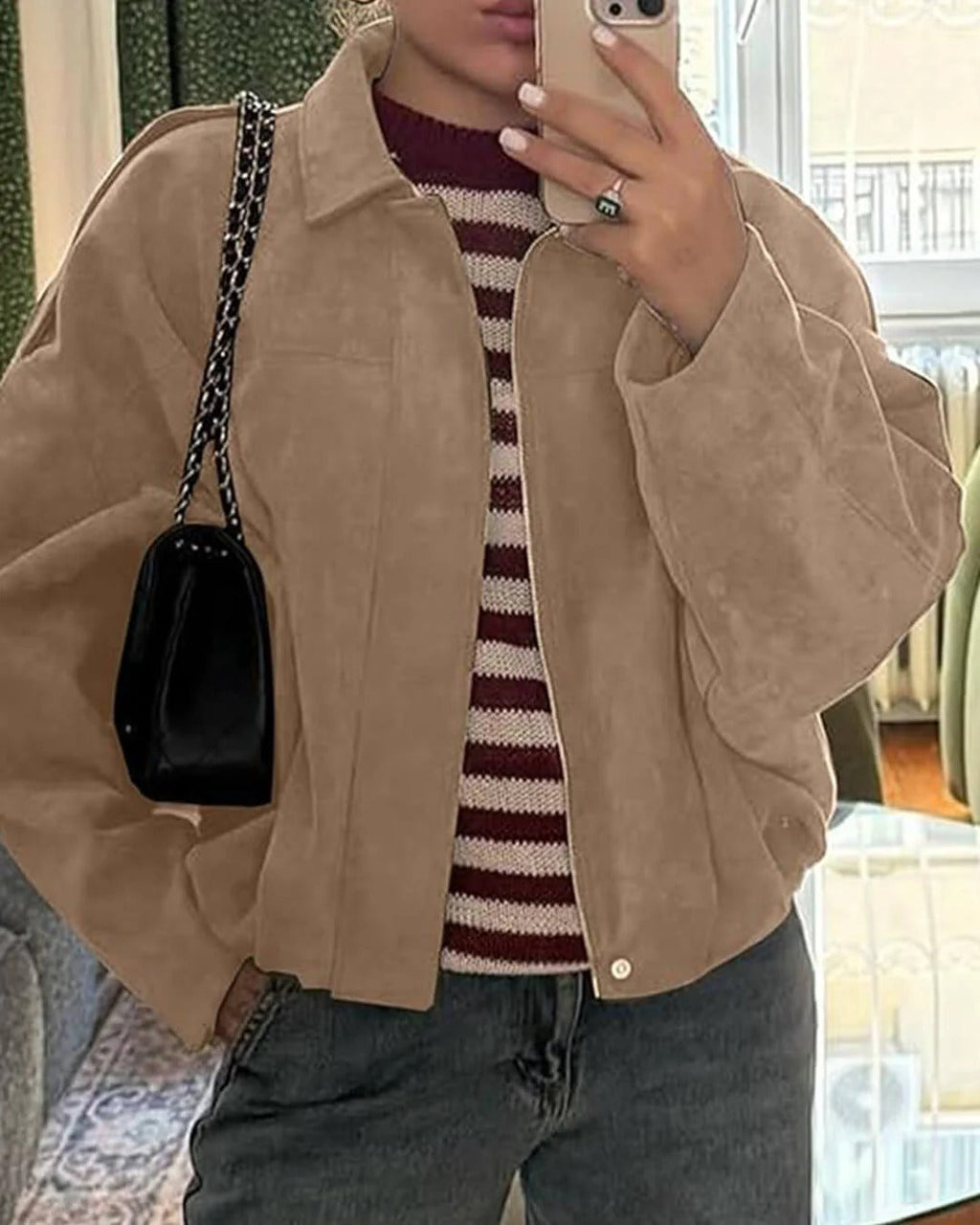 Faux Suede Bomber Jacket with Structured Collar