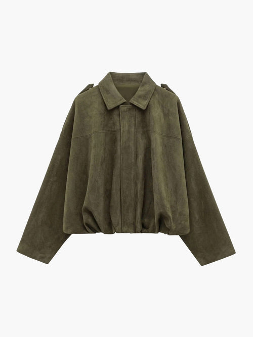 Faux Suede Bomber Jacket with Structured Collar