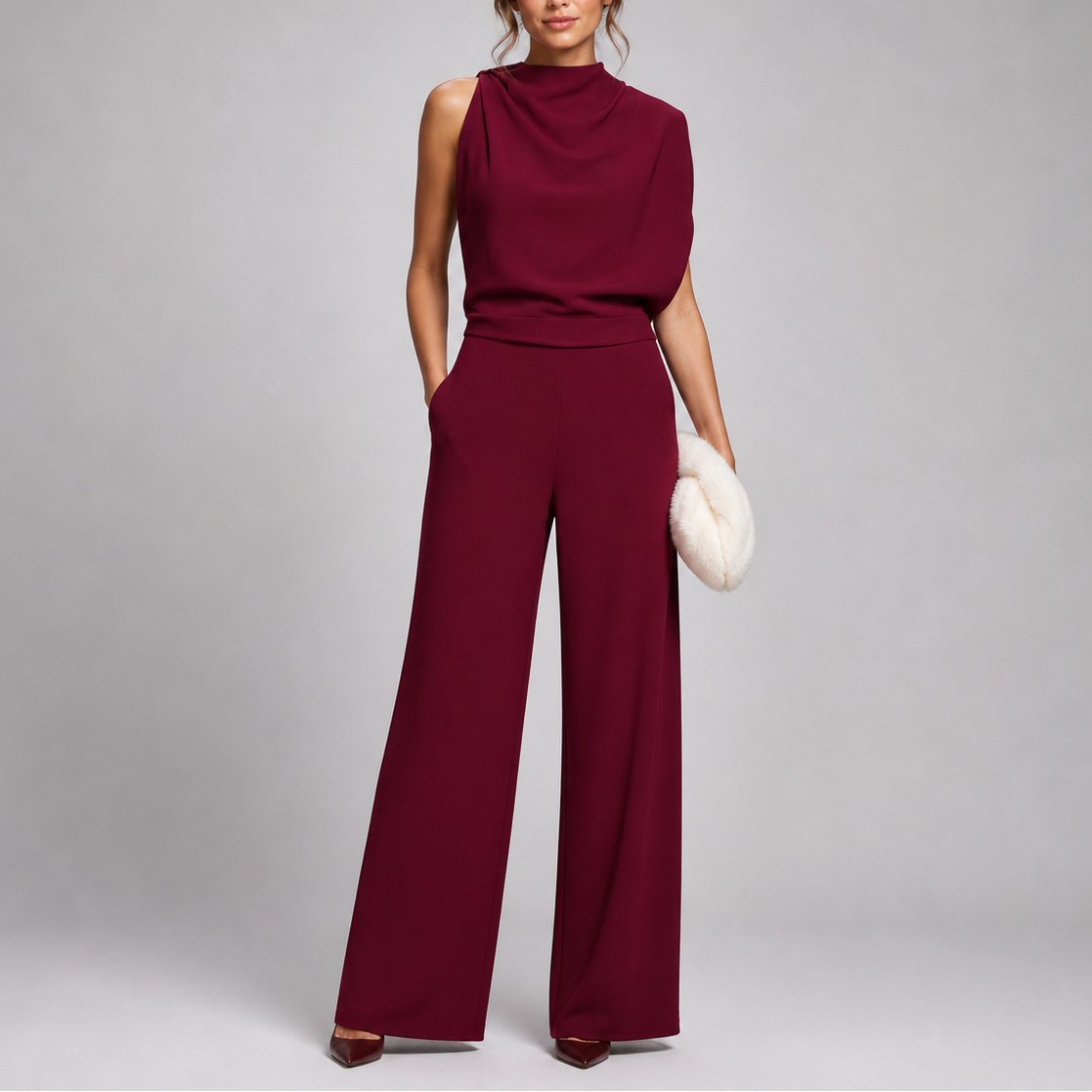 Sleeveless Jumpsuit with High Neckline and Wide-Leg Design