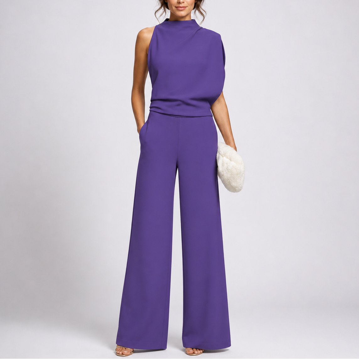 Sleeveless Jumpsuit with High Neckline and Wide-Leg Design