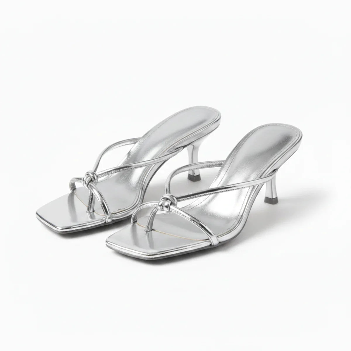 Knot Strap Heeled Sandals with Open Square Toe